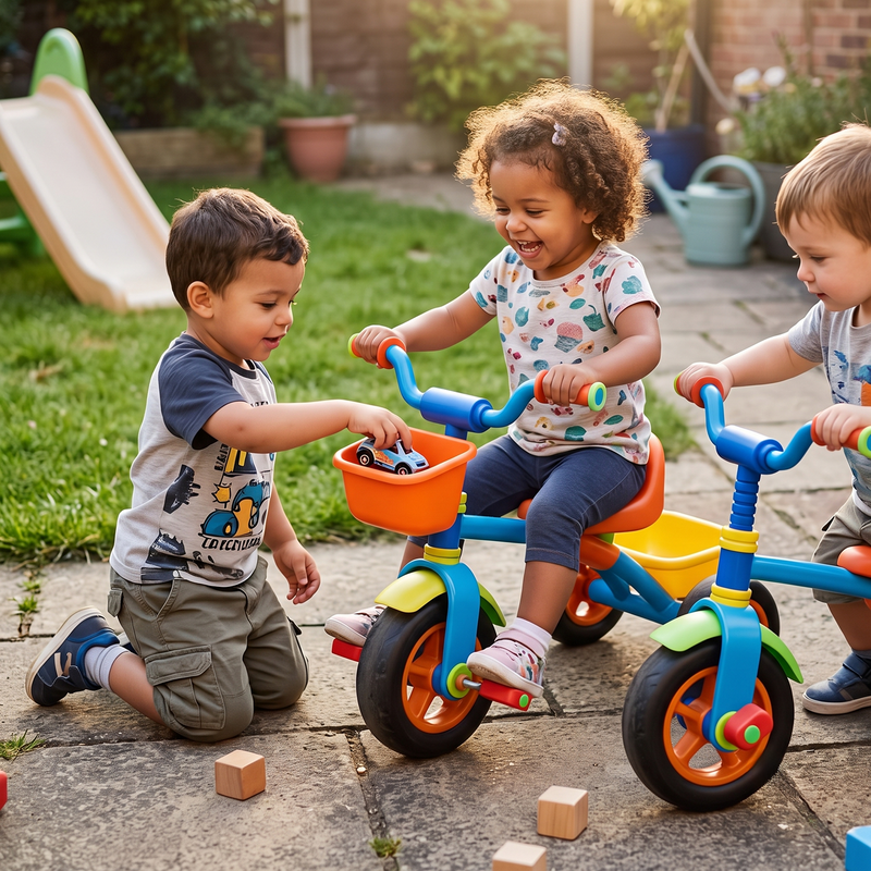 Three toddlers warm sunlit garden patio curly mixed-heritage girl cupcake-print white tee sitting orange-basket blue trike laughing joyfully South Asian boy graphic tee kneeling placing toy car orange cargo basket White toddler boy dinosaur tee second identical trike yellow basket garden slide watering can wooden building blocks lush garden background