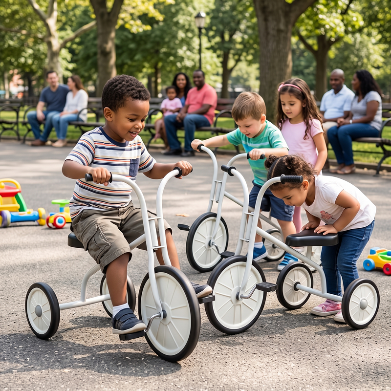 Four children two identical white tricycles warmly sunlit urban park Black boy stripe tee riding confidently forward focused determined expression foot on pedal mid-stroke White boy teal tee gripping handlebars concentrated Latina girl pink tee leaning over saddle curious hands younger mixed girl background watching four diverse parents park benches soft focus tall green trees colourful toys scattered path