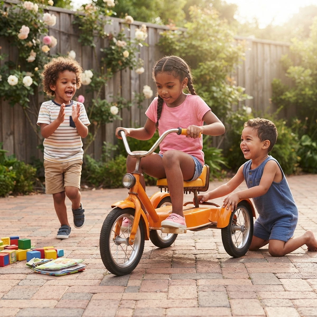 Black girl braids pink tee denim shorts riding orange chopper tricycle confident joyful expression one hand orange grip handlebar curly mixed boy blue sleeveless top crouching right rear wheel delighted tooth-baring grin younger curly boy stripe tee running left clapping hands wide-open laughing warm golden sunlit brick patio garden wooden blocks fabric book white rose fence lush greenery