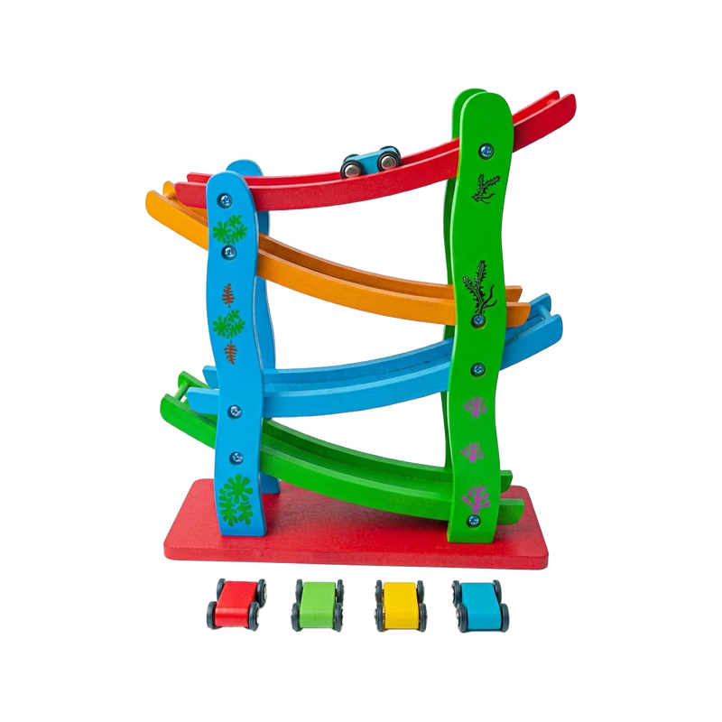 Wooden 4-Lane Ramp Racer Toy with Mini Cars