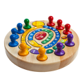 SpiralQuest Wooden Board Game angled view thick natural rubberwood circular board rainbow spiral track yellow blue green red centre 15 chunky wooden peg pawns 5 colours blue orange red purple green white background