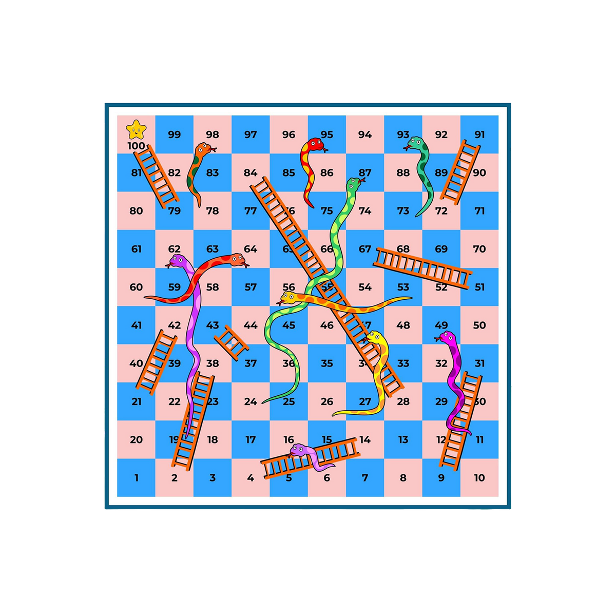 Snakes and Ladders board flat view 100-square pink blue checkerboard numbered 1-100 gold star square 100 seven cartoon snakes red yellow purple pink green teal orange magenta nine orange wooden ladders white background