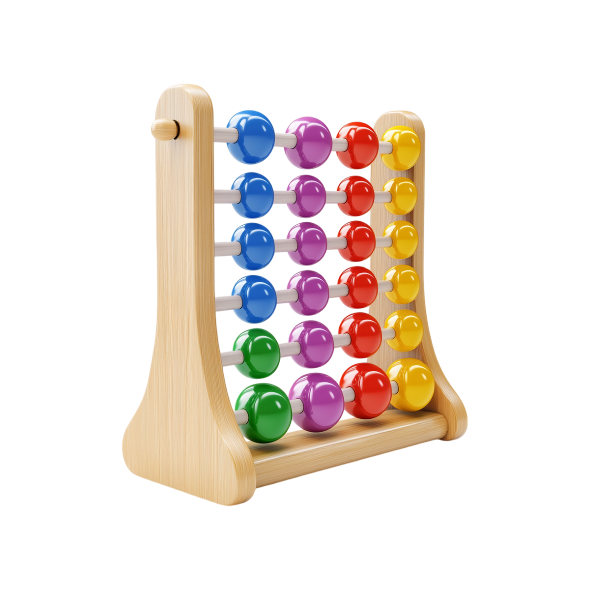 Rainbow Bead Abacus three-quarter angle tapered A-frame upright design natural pine wood grain 6 rows 4 beads visible blue purple red yellow sequence premium Montessori aesthetic white background