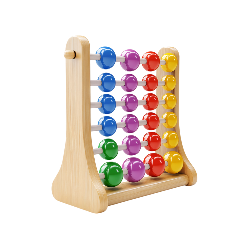 Rainbow Bead Abacus three-quarter angle tapered A-frame upright design natural pine wood grain 6 rows 4 beads visible blue purple red yellow sequence premium Montessori aesthetic white background