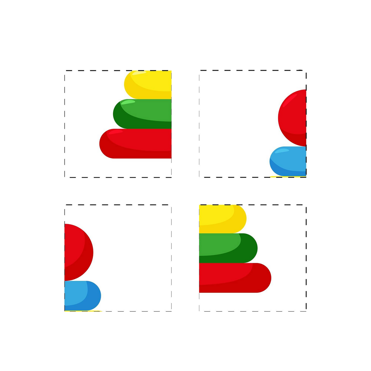 StackMatch 4-Card Puzzle four square cards dashed border frames 2x2 grid white background stacking ring pyramid split quadrants yellow green red elongated ovals red circle blue oval partial views orientation puzzle