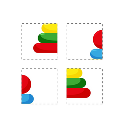 StackMatch 4-Card Puzzle four square cards dashed border frames 2x2 grid white background stacking ring pyramid split quadrants yellow green red elongated ovals red circle blue oval partial views orientation puzzle