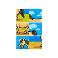Happy Horse 9-Piece Jigsaw Puzzle six square tiles 2x3 grid white background cartoon horse crops front legs brown tail sandy ground blue sky four grey hooves clouds rump goofy grinning horse face wild brown mane wide eye single hoof