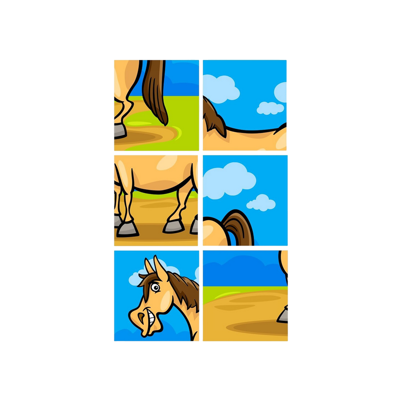 Happy Horse 9-Piece Jigsaw Puzzle six square tiles 2x3 grid white background cartoon horse crops front legs brown tail sandy ground blue sky four grey hooves clouds rump goofy grinning horse face wild brown mane wide eye single hoof