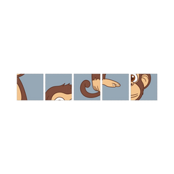 Cheeky Monkey 16-Piece Jigsaw Puzzle five tile detail strip horizontal white background steel-blue background crops brown curved monkey body arm tuft hair cream belly curled brown tail furry tip cream hand foot fingers warm big brown-eyed smiling monkey face round ears