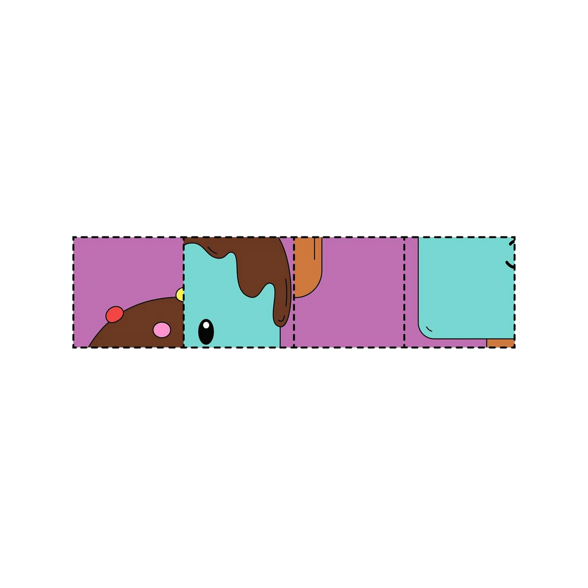 Sweet Lolly Kawaii Puzzle four dashed-border tiles horizontal strip white background chocolate drip sprinkles red pink yellow dots purple background teal ice lolly body black eye orange stick corner crops