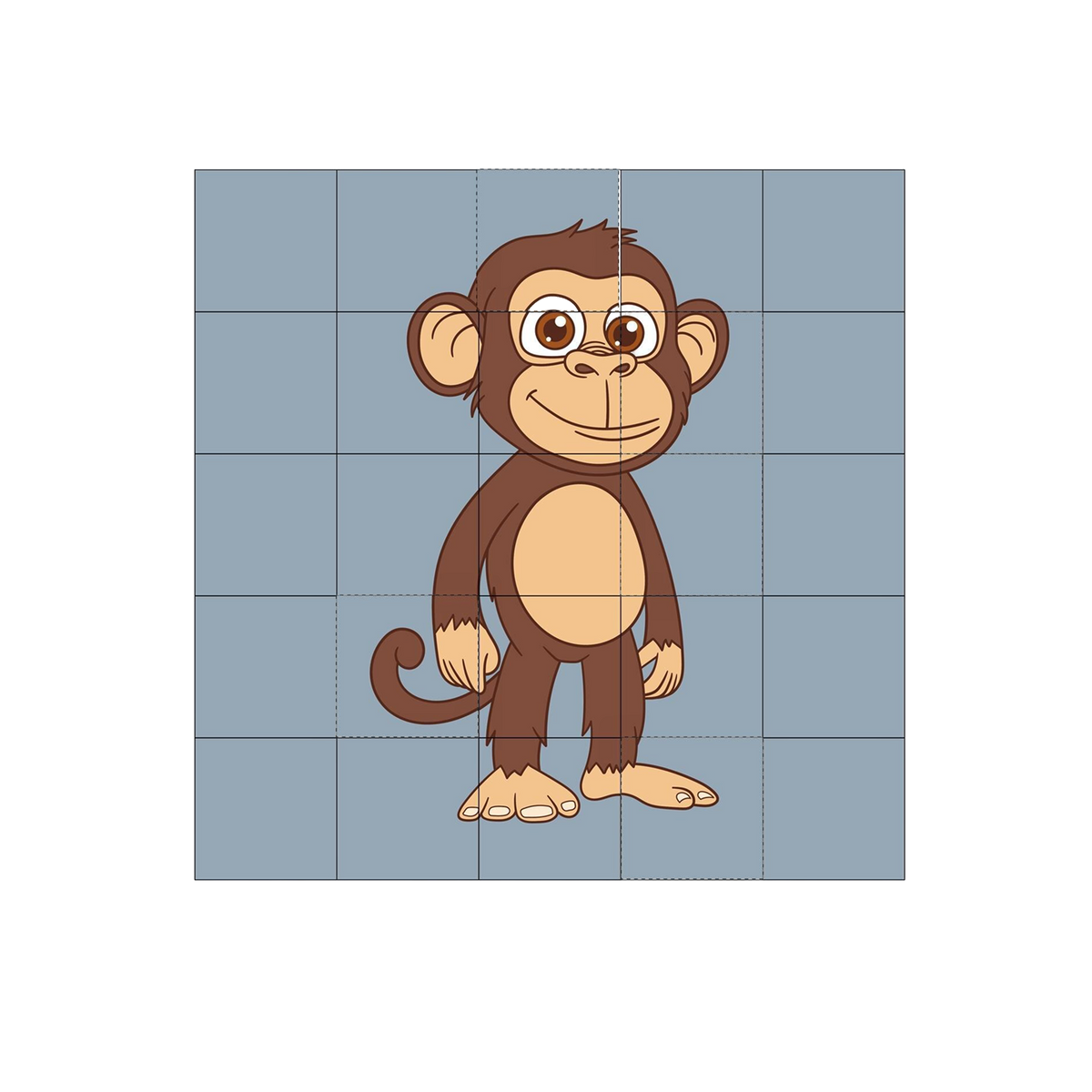Cheeky Monkey 16-Piece Jigsaw Puzzle complete assembled 4x4 grid steel-blue background standing cartoon monkey front-facing big warm brown eyes gentle smile cream oval belly round ears curled tail individual toe finger detail hands feet white background