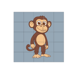 Cheeky Monkey 16-Piece Jigsaw Puzzle complete assembled 4x4 grid steel-blue background standing cartoon monkey front-facing big warm brown eyes gentle smile cream oval belly round ears curled tail individual toe finger detail hands feet white background