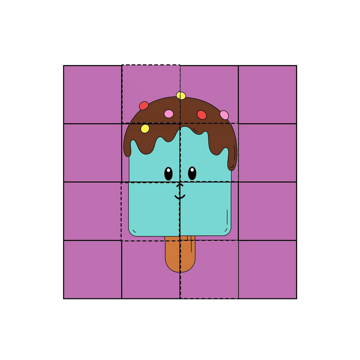Sweet Lolly 16-Piece Kawaii Puzzle complete assembled 4x4 dashed grid white background vivid purple background teal rounded rectangle lolly body chocolate drip top seven colourful sprinkle dots red pink yellow orange two round black eyes tiny curved smile orange wooden stick