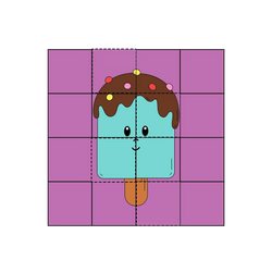 Sweet Lolly 16-Piece Kawaii Puzzle complete assembled 4x4 dashed grid white background vivid purple background teal rounded rectangle lolly body chocolate drip top seven colourful sprinkle dots red pink yellow orange two round black eyes tiny curved smile orange wooden stick