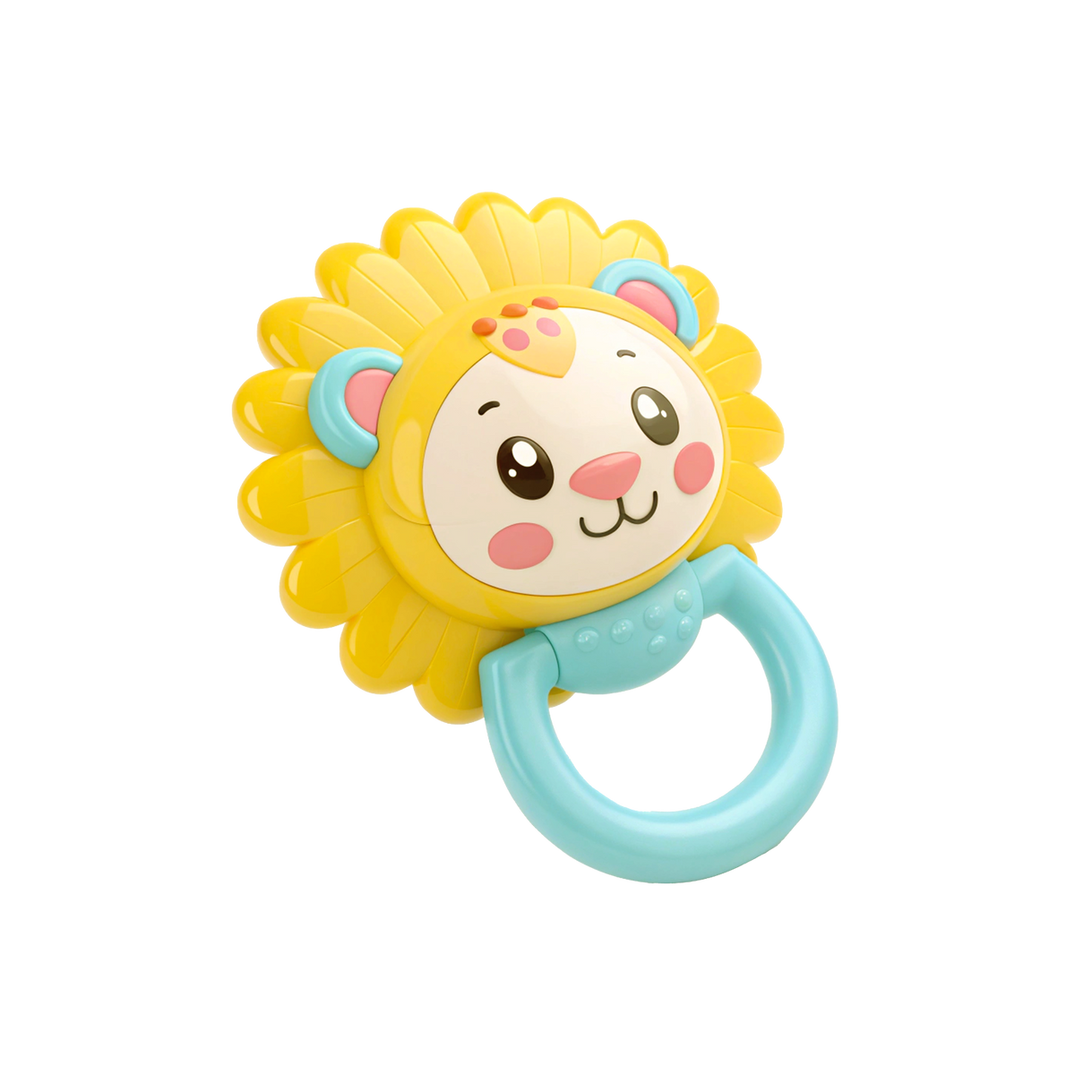 Leo Lion Baby Rattle angled hero shot white background vibrant sunny yellow scalloped mane cream oval face large glossy brown eyes pink blush cheeks tiny pink nose curved smile teal rounded ears three orange freckle dots forehead smooth teal ring handle below