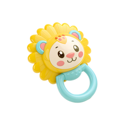 Leo Lion Baby Rattle angled hero shot white background vibrant sunny yellow scalloped mane cream oval face large glossy brown eyes pink blush cheeks tiny pink nose curved smile teal rounded ears three orange freckle dots forehead smooth teal ring handle below