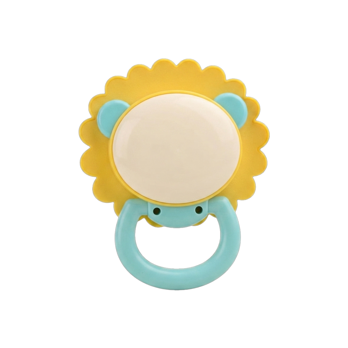 Leo Lion Baby Rattle back detail shot white background yellow scalloped mane reverse smooth cream oval back face panel teal inner ears peeking sides teal ring handle two small sound hole dots neck joint internal rattle mechanism detail