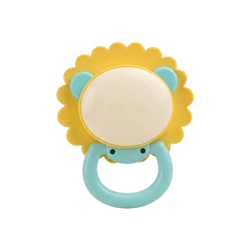 Leo Lion Baby Rattle back detail shot white background yellow scalloped mane reverse smooth cream oval back face panel teal inner ears peeking sides teal ring handle two small sound hole dots neck joint internal rattle mechanism detail