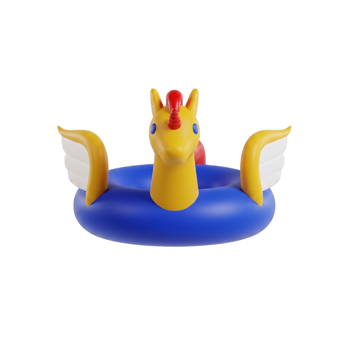 Pegasus Ring Baby Toy front hero shot white background golden yellow winged unicorn figure cobalt blue ring base red horn vivid blue eyes red flowing mane tail white feathered wings spread symmetrically both sides front-facing
