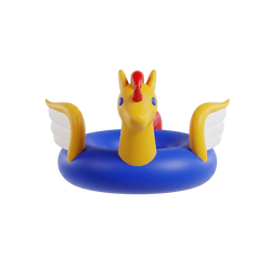 Pegasus Ring Baby Toy front hero shot white background golden yellow winged unicorn figure cobalt blue ring base red horn vivid blue eyes red flowing mane tail white feathered wings spread symmetrically both sides front-facing