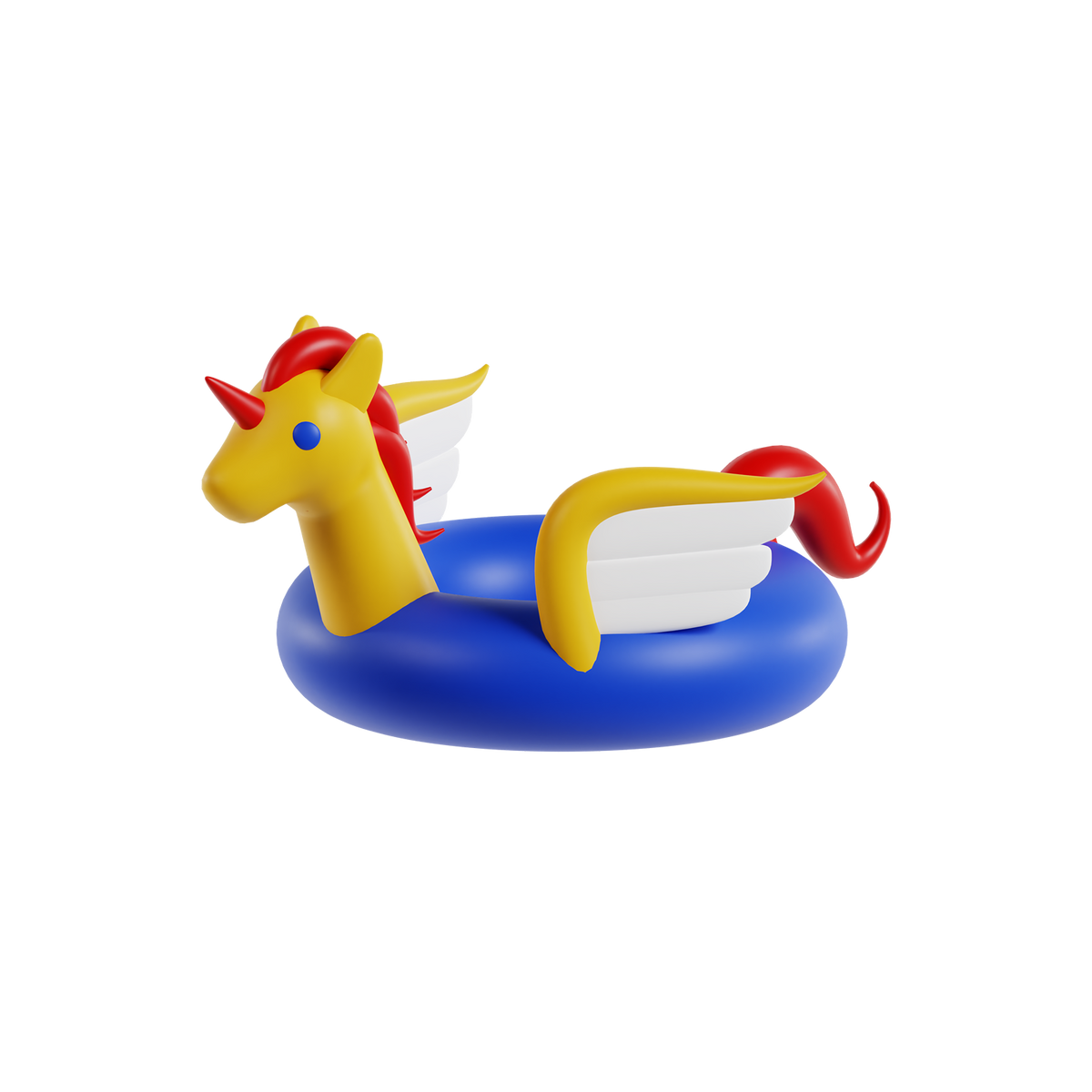 Pegasus Ring Baby Toy side profile shot white background golden yellow neck arching forward red horn blue eye red mane flowing back white yellow wing spread golden yellow tail red tip curling upward full cobalt blue ring base complete side view
