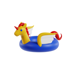 Pegasus Ring Baby Toy side profile shot white background golden yellow neck arching forward red horn blue eye red mane flowing back white yellow wing spread golden yellow tail red tip curling upward full cobalt blue ring base complete side view