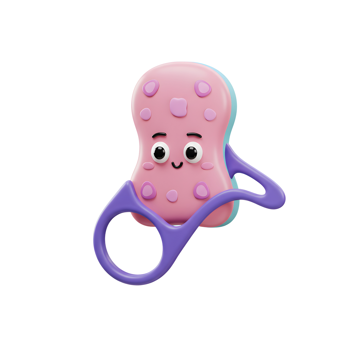 Ollie Octopus Teether front hero shot white background soft pink rounded octopus body 14 raised purple sensory dots large round black white eyes arched brows tiny curved smile teal rim sides three purple tentacle handles large ring loop small loop curved arm