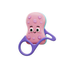 Ollie Octopus Teether front hero shot white background soft pink rounded octopus body 14 raised purple sensory dots large round black white eyes arched brows tiny curved smile teal rim sides three purple tentacle handles large ring loop small loop curved arm