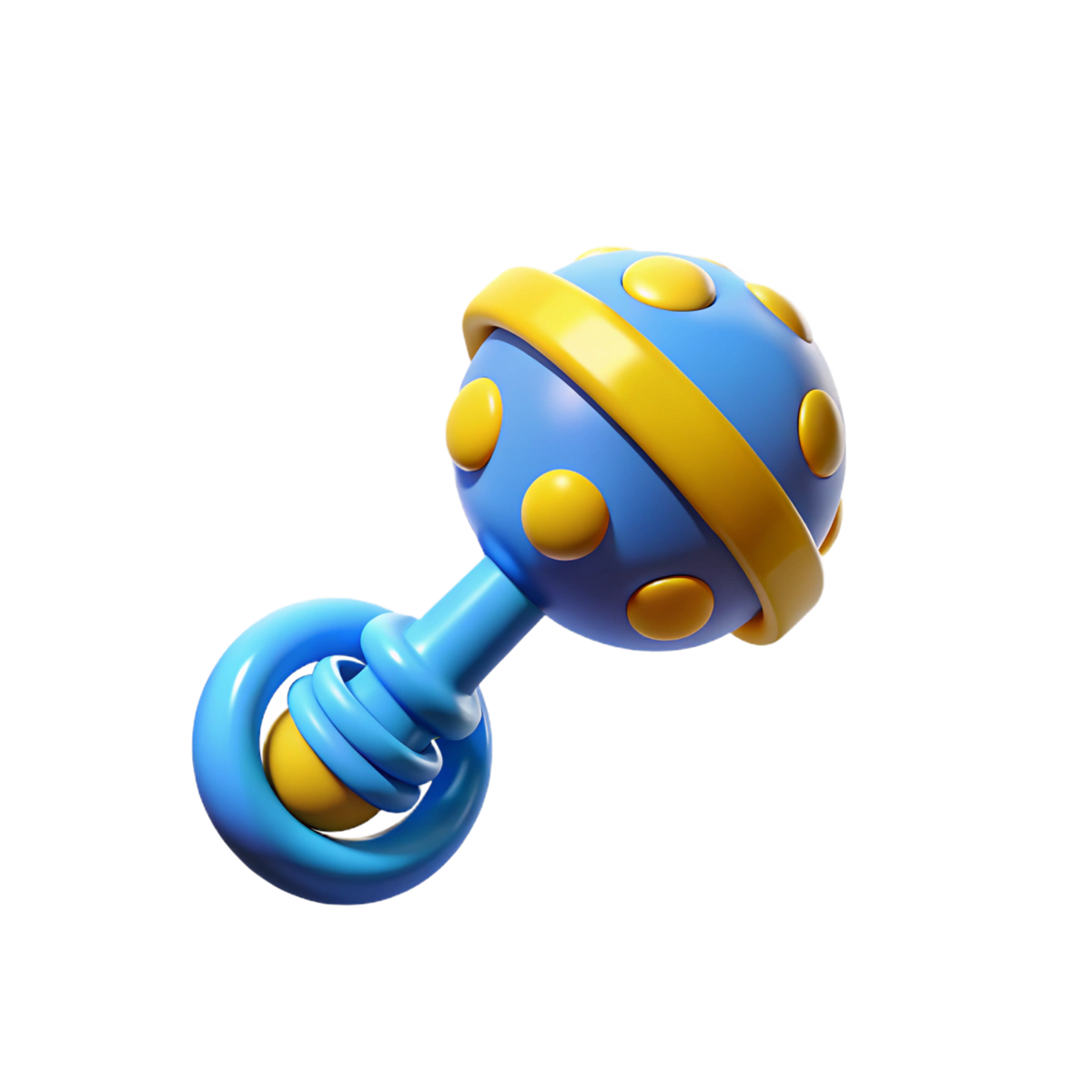 Sunny Ball Baby Rattle angled hero shot white background large cobalt blue sphere 10+ raised sunny yellow sensory dots bold yellow equatorial band ring sky blue straight handle stem sky blue ring loop base two small yellow dot accents ring join dynamic angle