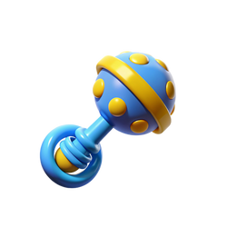 Sunny Ball Baby Rattle angled hero shot white background large cobalt blue sphere 10+ raised sunny yellow sensory dots bold yellow equatorial band ring sky blue straight handle stem sky blue ring loop base two small yellow dot accents ring join dynamic angle
