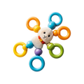 Rainbow Ring Activity Toy angled hero shot white background soft white plush seal puppy face centre two round black eyes red bow collar sweet smile 6 coloured connector arms radiating outward orange teal orange green teal yellow rings purple bottom bead star shape