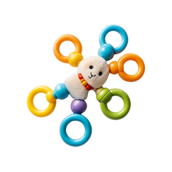 Rainbow Ring Activity Toy angled hero shot white background soft white plush seal puppy face centre two round black eyes red bow collar sweet smile 6 coloured connector arms radiating outward orange teal orange green teal yellow rings purple bottom bead star shape