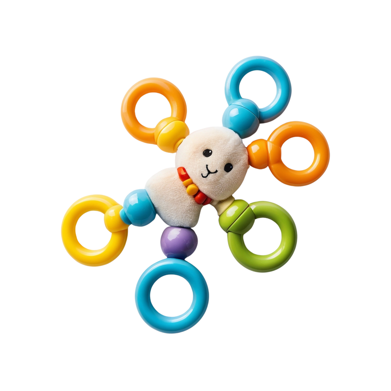 Rainbow Ring Activity Toy angled hero shot white background soft white plush seal puppy face centre two round black eyes red bow collar sweet smile 6 coloured connector arms radiating outward orange teal orange green teal yellow rings purple bottom bead star shape
