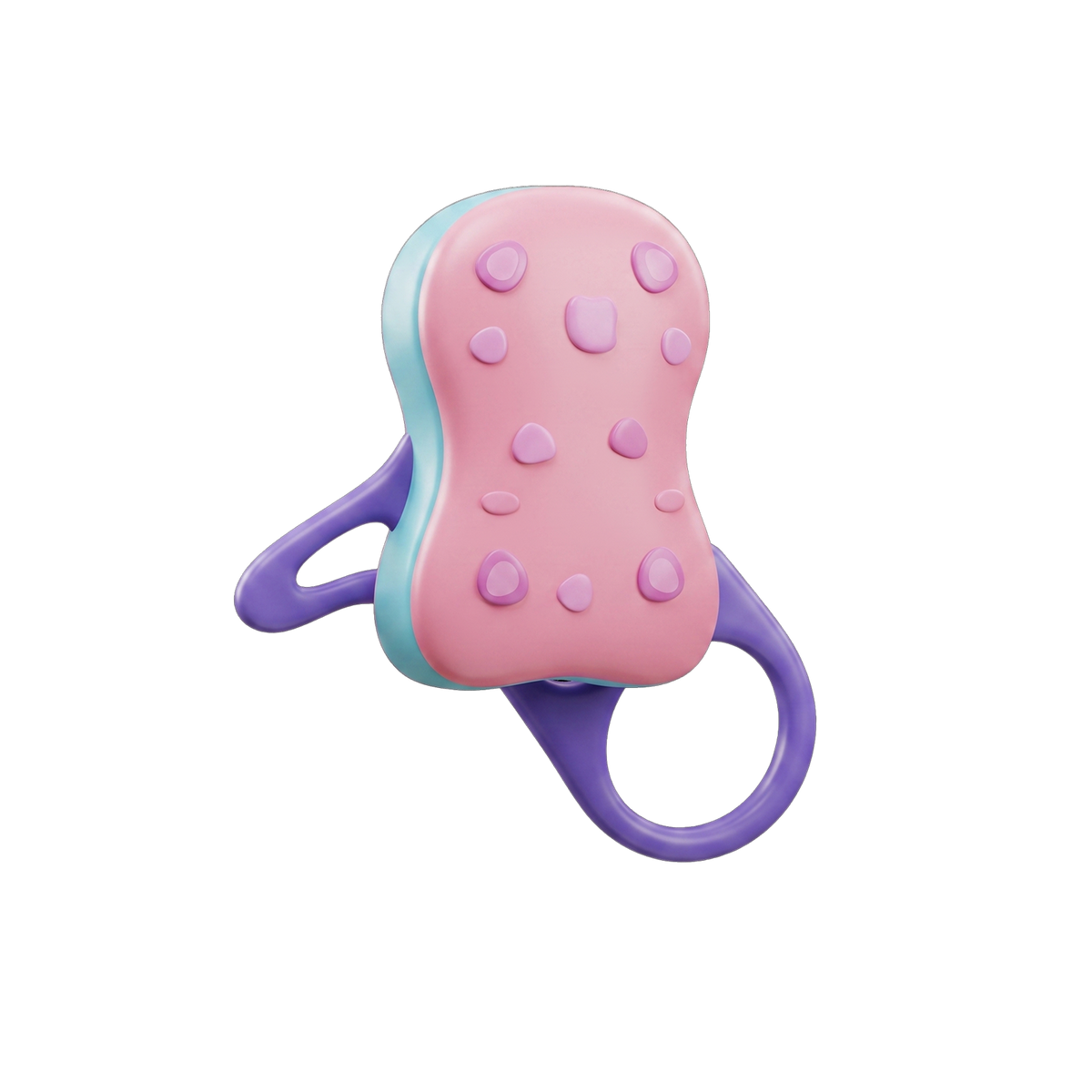 Ollie Octopus Teether back detail shot white background full raised sensory dot texture pink back body 15 raised purple dots teal rim edging three purple tentacle handles all-over sensory texture coverage product detail