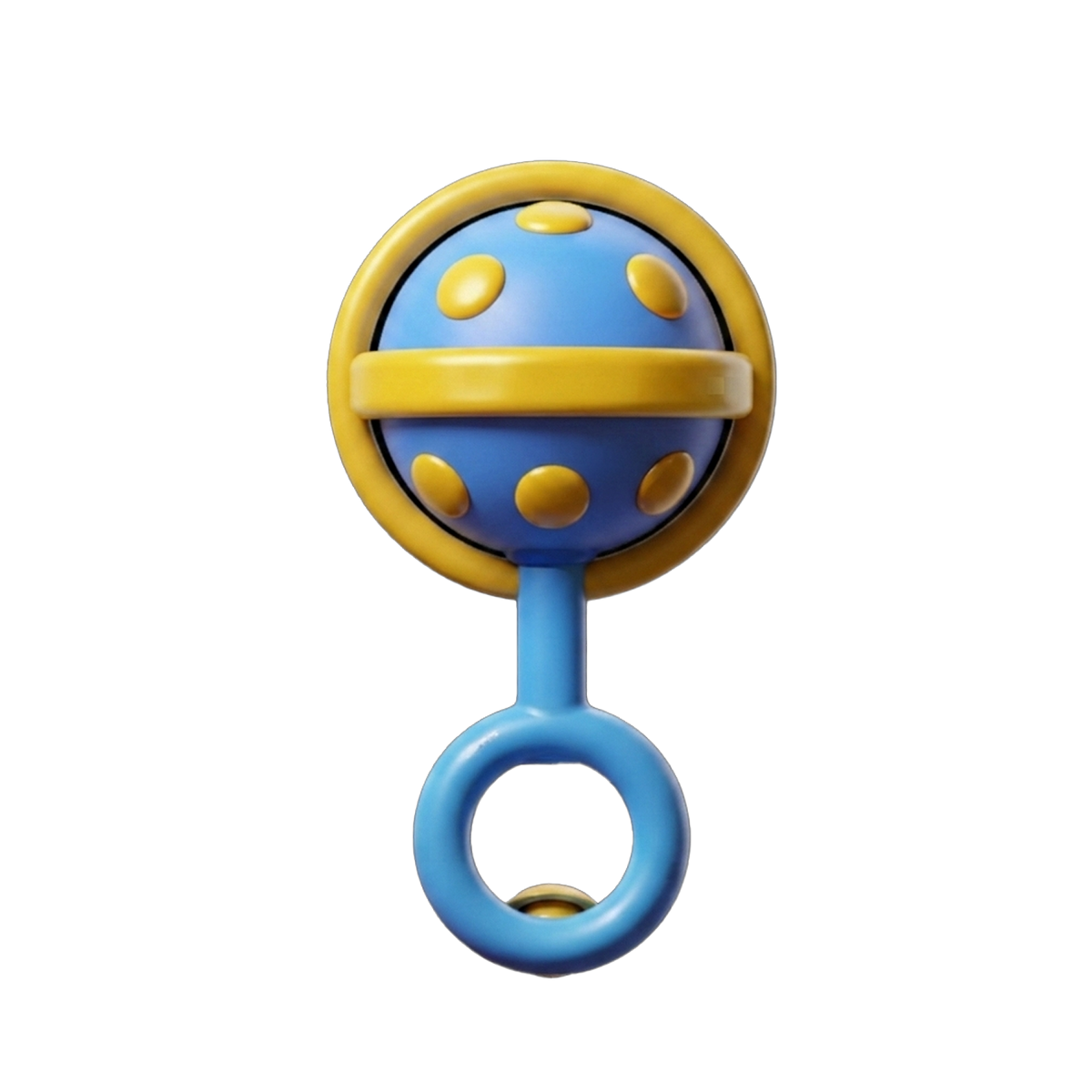 Sunny Ball Baby Rattle front flat-on detail shot white background cobalt blue dot-covered sphere yellow outer ring band yellow equatorial stripe bisecting blue ball straight sky blue handle stem sky blue ring loop base tiny yellow dot accents perfect circular symmetry