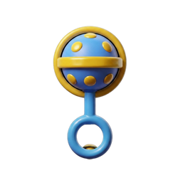 Sunny Ball Baby Rattle front flat-on detail shot white background cobalt blue dot-covered sphere yellow outer ring band yellow equatorial stripe bisecting blue ball straight sky blue handle stem sky blue ring loop base tiny yellow dot accents perfect circular symmetry