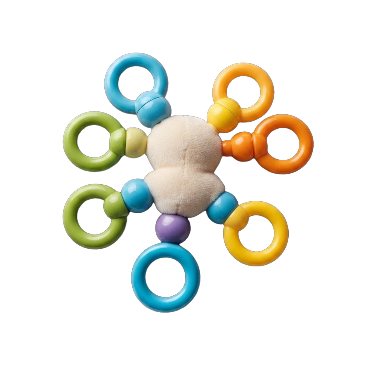 Rainbow Ring Activity Toy flat lay top-down symmetrical view white background soft white plush centre perfectly centred 6 coloured connector arms star symmetry teal top-left orange top-right orange right yellow bottom-right teal bottom-centre green bottom-left purple bottom bead all rings distinct