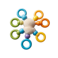 Rainbow Ring Activity Toy flat lay top-down symmetrical view white background soft white plush centre perfectly centred 6 coloured connector arms star symmetry teal top-left orange top-right orange right yellow bottom-right teal bottom-centre green bottom-left purple bottom bead all rings distinct