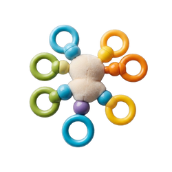 Rainbow Ring Activity Toy flat lay top-down symmetrical view white background soft white plush centre perfectly centred 6 coloured connector arms star symmetry teal top-left orange top-right orange right yellow bottom-right teal bottom-centre green bottom-left purple bottom bead all rings distinct