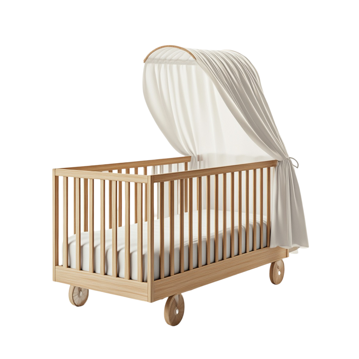 Natural pine wooden baby cot with ivory canopy and rolling wheels