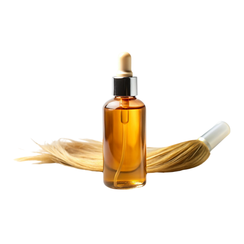Premium argan hair oil in amber glass dropper bottle with golden hair strands