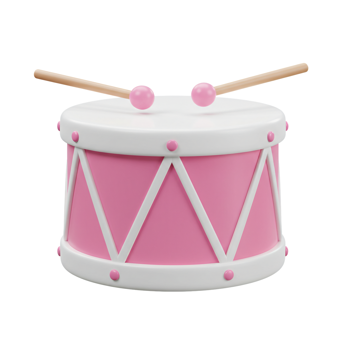 Pink and white toy drum with wooden drumsticks with pink ball tips