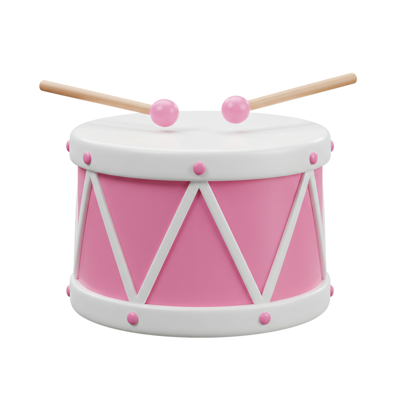 Pink and white toy drum with wooden drumsticks with pink ball tips