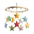 Rainbow stars baby cot mobile with 10 smiling felt stars and crescent moon on natural wooden ring