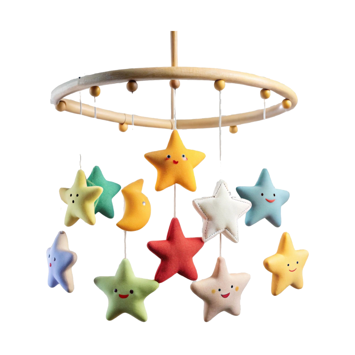 Rainbow stars baby cot mobile with 10 smiling felt stars and crescent moon on natural wooden ring