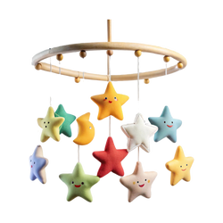 Rainbow stars baby cot mobile with 10 smiling felt stars and crescent moon on natural wooden ring