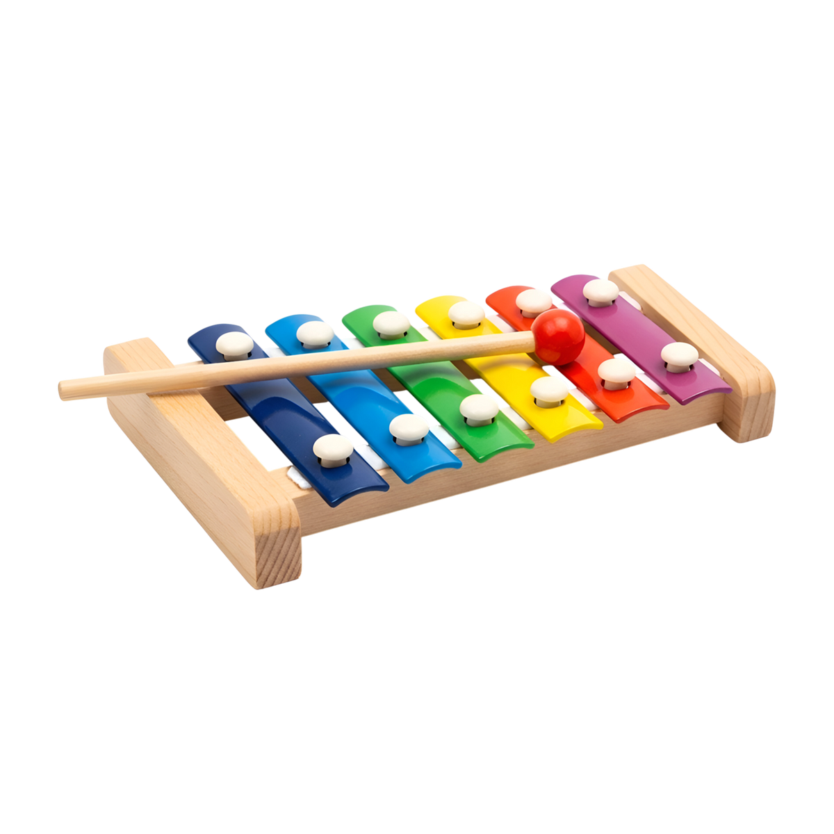 8-note rainbow xylophone on natural pine wood frame with wooden mallet