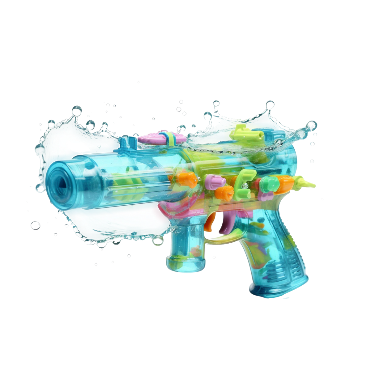 Crystal clear transparent teal water gun with colourful pink green and orange internal details