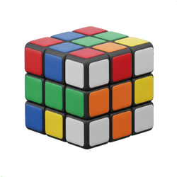 3x3 colour puzzle cube with vivid red blue green yellow orange and white tiles on black frame