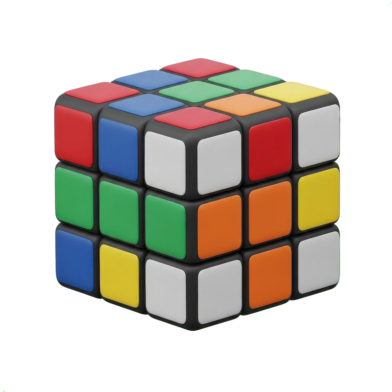 3x3 colour puzzle cube with vivid red blue green yellow orange and white tiles on black frame